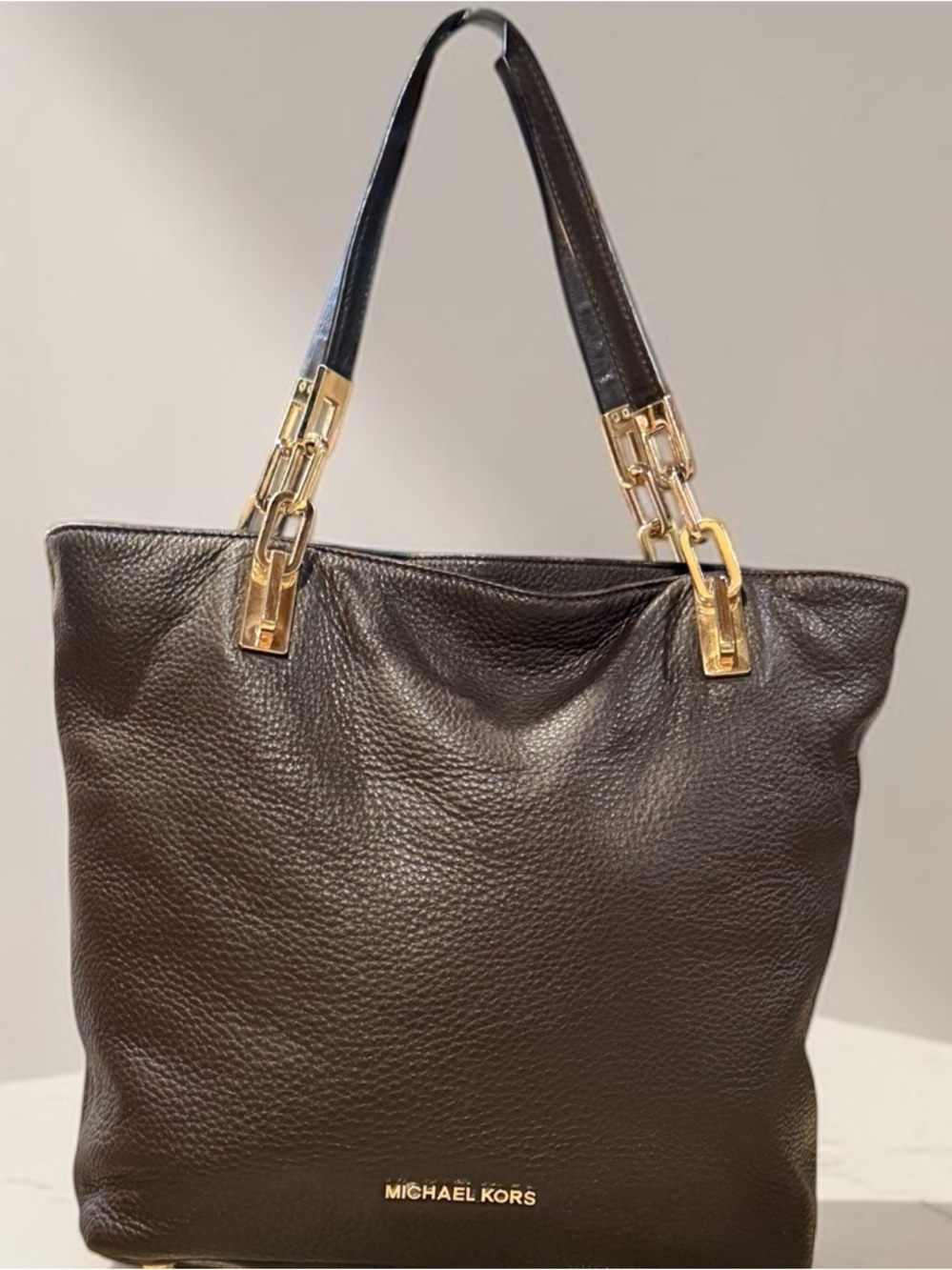 Michael Kors Women's Dark Brown Pebble Leather Brooke Tote Shoulder Bag - Picture 2 of 14